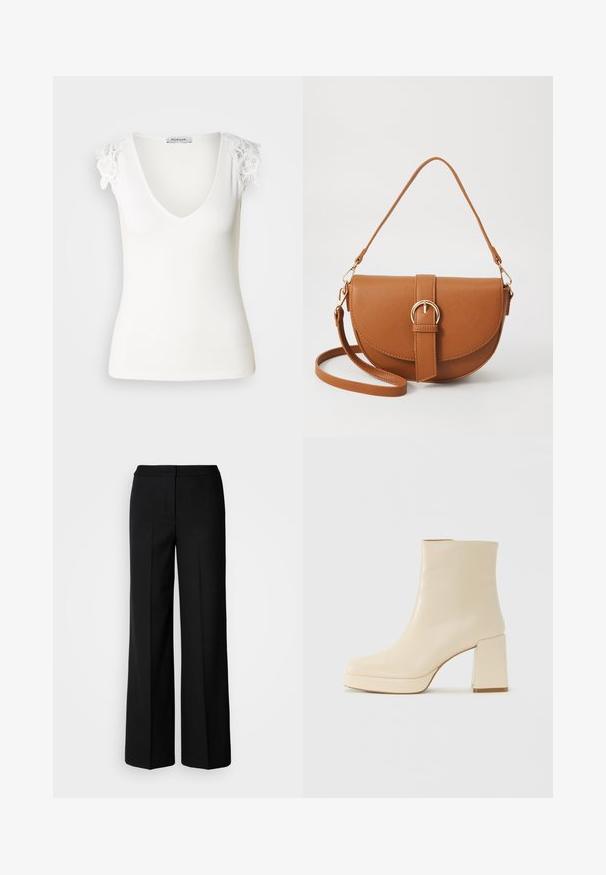Witte geribbelde tanktop met een V-hals en bloemenkantaccenten op de schouders. Glad textuur, getailleerd ontwerp. Merkenlabel zichtbaar aan de binnenzijde.; Zwarte wijde broek van een gladde stof, met een hoge taille, nauwkeurig gestikte naden en een minimalistisch ontwerp. Geen zichtbare hardware of zakken.; Beige leren enkelboot met blokhak en plateauzool, gladde afwerking en licht vierkante neus, gericht naar links op een witte achtergrond.; Bruine leren schoudertas met een gebogen vorm, gouden hardware en een gespaccent. Bevat een afneembare schouderriem.