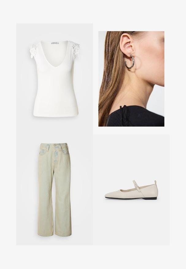 Hvid ribbet tanktop med V-hals og blomsterløsninger på skuldrene. Glat tekstur, tætsiddende design. Mærkeetiket synlig indeni.; Lysblå, brede bukser i denim med høj talje, fem lommer og diskret falmning med kontraststikninger.; Hvide læder Mary Jane flade sko med spids tå, sidelukning og lav sort hæl. Glat overflade og minimalistisk design.; Sølv hoop ørestik med en poleret overflade, prydet med små guld accenter og en rund form, båret på øreflippen.