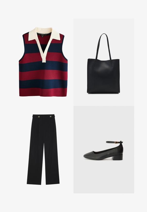 Rankų darbo be rankovių megztinis su V formos iškirpte, kuriame plačios horizontalaus rašto raudonos ir tamsiai mėlynos spalvos juostos, papildytos kremine apykakle. Tekstūruotas mezgimo audinys.; Juodi plačios kojos kelnės su aukštu liemeniu, sagų detalėmis ant liemens ir priekinėmis raukšlėmis.; Juodas odinis aukštakulnis batelis su smailiu pirštu ir žemu bloku. Su kulkšnies dirželiu su auksinės spalvos sagtimi. Lygus paviršius.; Juodas odinis tote krepšys su lygia tekstūra, stačiakampio formos ir dviem ilgais rankenomis. Matomų metalinių detalių ar puošybos nėra.