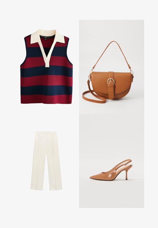 Hihaton pusero V-pääkkeellä, jossa on leveitä vaakasuoria raitoja punaisena ja laivastonsinisenä, korostettuna kremvärisellä kauluksella. Rakenteellinen neulosta.; Valkoiset leveälahkeiset housut vaaleassa kermassa. Valmistettu sileästä kankaasta, jossa on laskokset edessä ja sivutaskut.; Korkokenkä, jossa on terävä kärki ja avonainen kanna, valmistettu sileästä, kiiltävästä ruskeasta materiaalista. Sisältää kaarevan leikkuun muotoilun ja hoikan stilettokannan. Hopeinen solkiyksityiskohta.; Ruskean nahkainen olkalaukku, jossa on kaareva muoto, kultaiset yksityiskohdat ja solkiyksityiskohta. Varustettu irrotettavalla olkahihnalla.