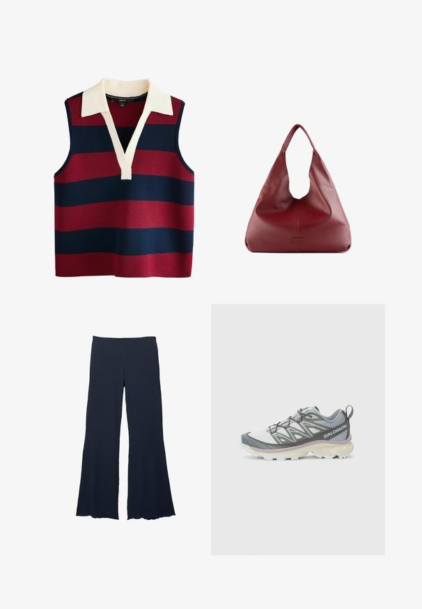 Bezrukávový pulovr s V výstřihem, zdobený širokými vodorovnými pruhy v červené a námořnické barvě, doplněný krémovým límcem. Strukturovaná pletenina.; Námořnické modré kalhoty širokého střihu z texturované látky s vysokým pasem a rozšířeným lemem, které mají hladký a plynulý siluetu.; Lehká běžecká bota vyrobená z více materiálů, se šedým a bílým svrškem, texturovanou síťovinou, polstrovanou podrážkou a výraznými detaily šněrování.; Červená kůže hobo taška s širokým, volnějším designem a velkým otvorem, zdobená jemnou texturou a logo vyraženým na přední straně.