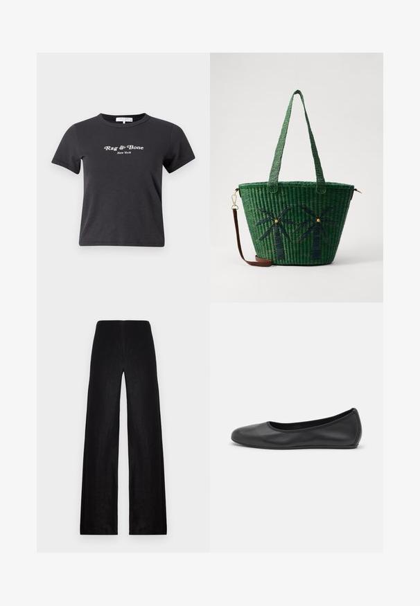 rag & bone MINI SCRIPT TEE - T-Shirt print - black mult; Schwarze, weit geschnittene Hosen aus leichtem Stoff. Merkmale sind eine hohe Taille, eine glatte Textur und klare Linien ohne Taschen oder Verzierungen.; Schwarze Leder-Ballettschuhe mit abgerundeter Spitze, glatter Textur, minimalen Nähdetails und einem flexiblen Sohlen-Design.; Grüne geflochtene Tragetasche mit Palmbaumdesigns in dunklerem Grün; mit zwei Griffen und einem abnehmbaren braunen Ledertragegurt.
