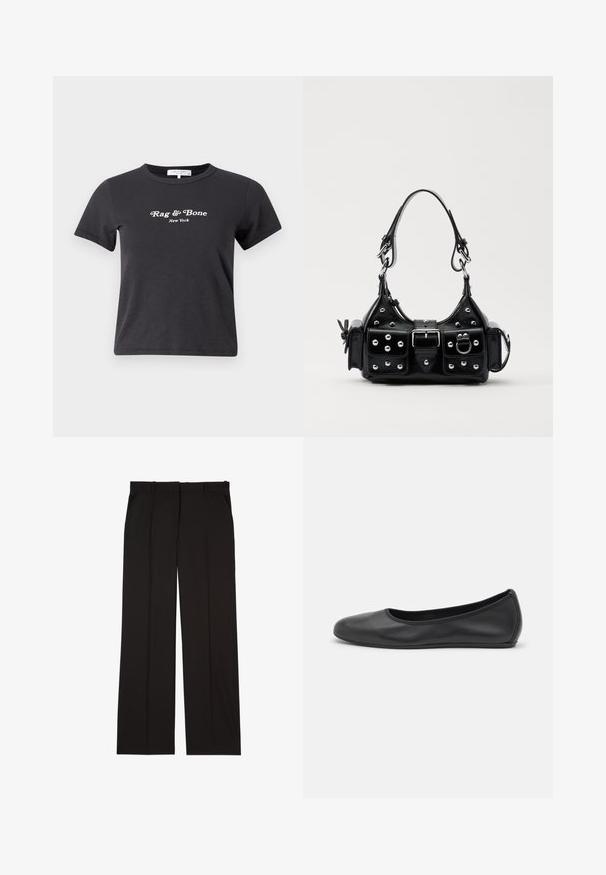 rag & bone MINI SCRIPT TEE - T-Shirt print - black mult; Schwarze, maßgeschneiderte Hosen aus einem glatten Stoff, mit geradem Bein und zwei Seitentaschen. Elegante und minimalistische Konstruktion.; Schwarze Leder-Ballettschuhe mit abgerundeter Spitze, glatter Textur, minimalen Nähdetails und einem flexiblen Sohlen-Design.; Schwarze Lederhandtasche mit einem geschwungenen Design, verziert mit silbernen Nieten, einer Schnalle und zwei seitlichen Taschen. Verstellbarer Träger für verschiedene Tragemöglichkeiten.