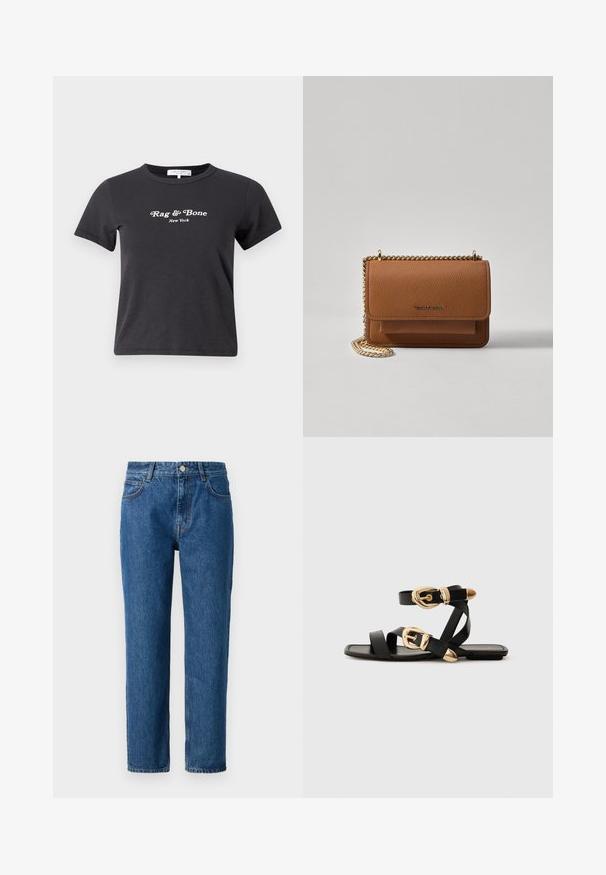 rag & bone MINI SCRIPT TEE - T-shirt imprimé - black mult; Jean en denim bleu avec une coupe droite, doté d'une fermeture à bouton, de passants de ceinture et de poches avant. Fabriqué en tissu de coton texturé.; Sandales en cuir noir avec des accents de boucles dorées, présentant plusieurs brides et un design de semelle plate pour un port ouvert.; Sac en cuir texturé marron en bandoulière avec une sangle en chaîne dorée et une fermeture à rabat. L'avant présente un détail de logo et une poche sous le rabat.