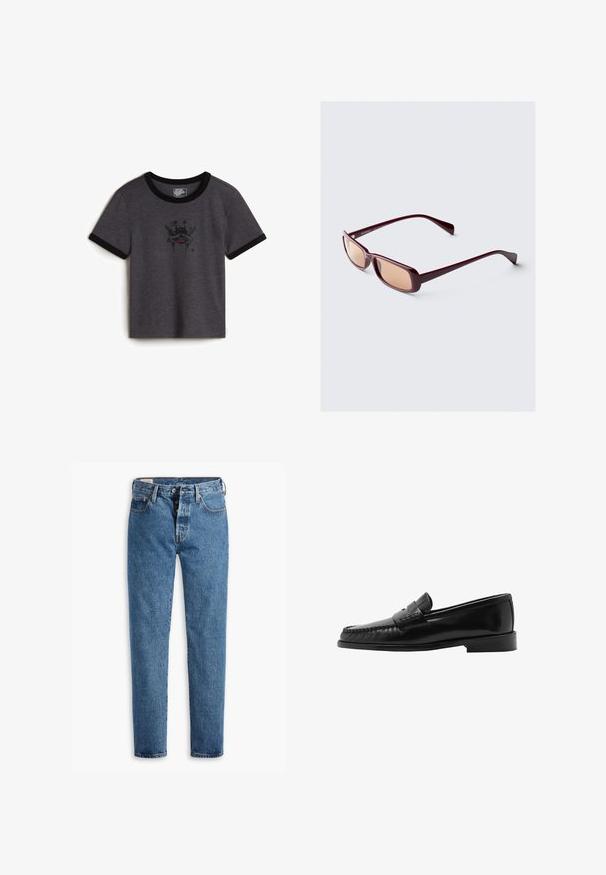 Harmaa puuvillainen t-paita, jossa on musta ribbireunus kauluksessa ja hihansuissa; sisältää pääkalloaiheisen graafisen painatuksen, jossa on tähtiä ja punainen yksityiskohta.; Vaaleansiniset farkut suoran leikkauksen ja viiden taskun kanssa, joissa on tavallinen nappisuljenta. Tyylinä on oranssi ompelu ja hieman haalistunut pinta.; Musta nahkainen loafer, jossa on kaareva siluetti, koristeelliset hihnat, teksturoitu ommel ja litteä kumipohja. Sujuva pinta ja tyylikäs muotoilu.; Burgundy aurinkolasit suorilla kehyksillä, joissa on gradienttilinssit ja elegantit sangan osat. Materiaali on sileä ja kiiltävä.; Musta kudottu kassi, jossa on kaksi vankkaa kahvaa, näyttävästi kiiltävä rakenne ja tilava avoin yläosa.