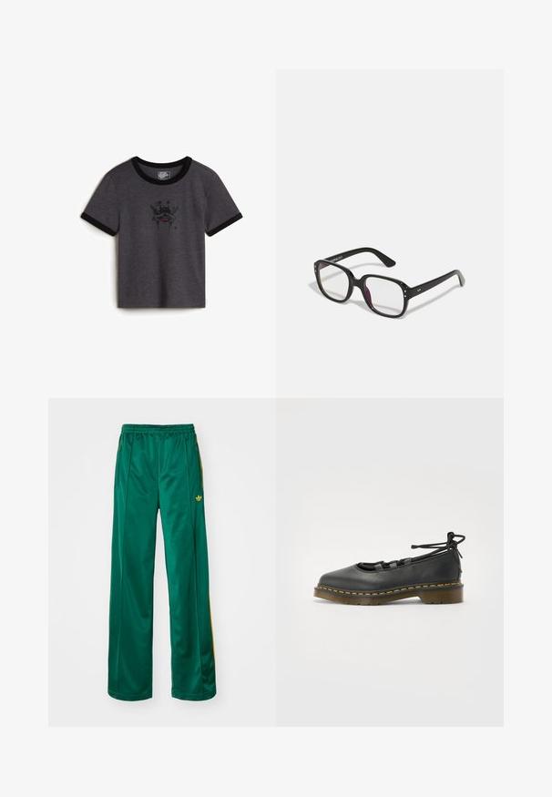 Grijze katoenen t-shirt met zwarte ribbelboord bij de hals en mouwomslagen; voorzien van een grafische print van een schedel met sterren en een rode accenten.; Groene satijnen sportbroek met een relaxte pasvorm, voorzien van gele streepaccenten en een geborduurd logo aan de linkerzijde. Elastische tailleband.; Zwarte leren schoen met een ronde neus, lage hak, vetersluiting en gele stiksels langs de zool. Soepele textuur met een matte afwerking.; Zwarte rechthoekige bril met heldere lenzen, voorzien van afgeronde randen en zijaccenten, met een glanzende afwerking van het montuur en de pootjes.; Zwarte leren hobo tas met een zachte, gebogen vorm. Heeft een brede bovenhandgreep en plooien aan de onderkant voor een slappe textuur.