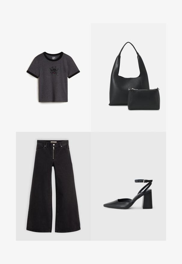 Gray cotton t-shirt with black ribbed neckline and sleeve cuffs; features a graphic print of a skull with stars and a red accent.; Wide-leg jeans in black denim with a zippered front, five-pocket design, and subtle stitching details. Smooth texture and casual style.; Black leather pointy-toe pump with an ankle strap and a chunky heel. Flat texture, sleek design, and minimalistic aesthetics.; Even&Odd SET - Handbag - black