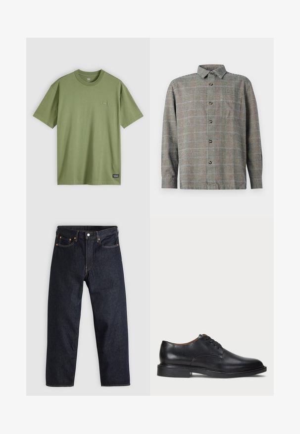 Camiseta de algodón verde oliva con cuello redondo y mangas cortas. Presenta un pequeño y discreto parche con el logotipo en el pecho y una etiqueta de marca tejida en el dobladillo.; Camisa de manga larga con botones en patrón de cuadros beige y negro, con cuello y bolsillo en el pecho, sobre fondo blanco.; Jeans de denim azul oscuro con corte recto, cinco bolsillos, costuras en naranja contrastante y cierre de botón. Sin patrones ni adornos visibles.; Zapato de vestir de cuero negro con punta redonda, diseño con cordones y un tacón bajo apilado. Textura lisa con detalles de costura mínimos.