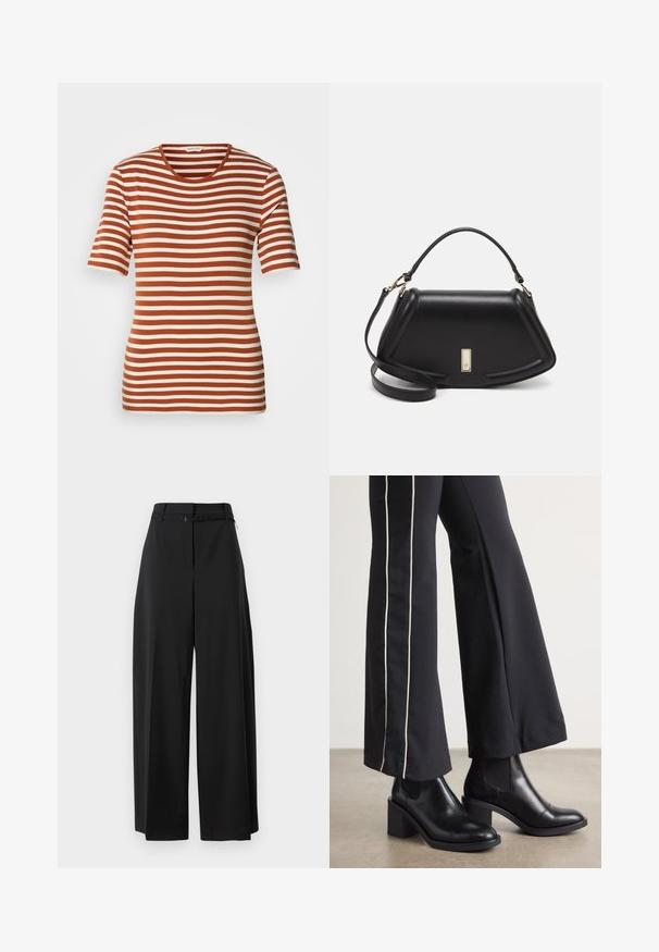 Stripet t-skjorte med vekslende rustfarge og kremfarge, korte ermer, rund hals og et mykt, teksturert stoff.; Svarte vide bukser med høy midje og belte. Har en jevn tekstur og rene linjer, designet for en avslappet passform.; Sorte skinn ankle boots med blokkhæl, med elastiske sidepaneler. Kombinert med sorte bukser som har en hvit sidestripe.; Sort lærveske med en strukturert design, som har en avkortet form, topphåndtak og detaljer i gull. Justerbar skulderstropp inkludert.