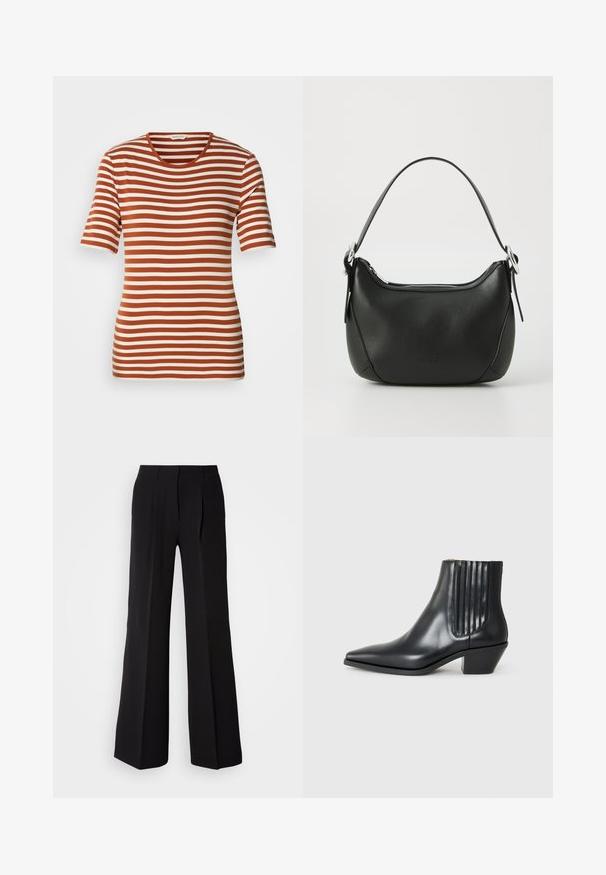 Striped t-shirt featuring alternating rust and cream colors, short sleeves, a round neckline, and a soft, textured fabric.; Black trousers made of smooth fabric, featuring a high waist, wide-leg silhouette, and two front pleats for added design detail.; Black leather ankle boot with pointed toe, elastic side panels with vertical grooves, and a low block heel. Smooth texture and sleek design.; Black leather handbag with a curved shape, silver zipper, and a short handle. Features a subtle logo on the front and smooth texture.