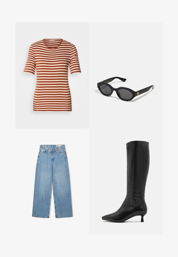 Striped t-shirt featuring alternating rust and cream colors, short sleeves, a round neckline, and a soft, textured fabric.; Light blue wide-leg jeans made of denim, featuring a high waist, five pockets, button closure, and subtle fading for texture.; Zign Boots - black; Black oval sunglasses with dark lenses and glossy plastic frame. Features gold logo on the temple, offering a sleek and modern design.