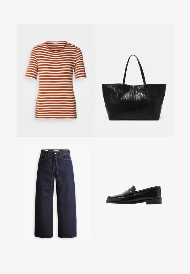 Czarna koszulka w paski z naprzemiennie ułożonymi kolorami rdzy i kremu, krótki rękaw, okrągły dekolt oraz miękka, teksturowana tkanina.; Spodnie dżinsowe w kolorze ciemnoniebieskim o szerokich nogawkach i wysokim stanie, z wiązaniem na sznurki, pięcioma kieszeniami oraz kontrastowymi detalami w staszcu.; Czarny skórzany loafers z zakrzywioną sylwetką, dekoracyjnym paskiem, teksturowanym szwem i płaską gumową podeszwą. Gładkie wykończenie i elegancki design.; Czarna pleciona torba na ramię z dwoma mocnymi uchwytami, charakteryzująca się błyszczącą powierzchnią i przestronnym otwartym topem.