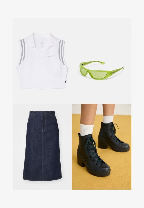 Biała bezrękawnikowa koszulka polo z dekoltem w kształcie V, szare akcentujące paski na ramionach oraz nadrukowanym tekstem "Feng Chen Wang" z przodu.; Ciemnoniebieska spódnica dżinsowa z wysokim stanem, prostym krojem, przednimi kieszeniami i przeszyciami. Posiada zamek błyskawiczny i guzik w pasie.; Czarne wysokie trampki o teksturowanym wykończeniu, z wiązaniami, gumowym noskiem i grubymi obcasami, w zestawieniu z białymi, prążkowanymi skarpetkami do kostek.; Zielone okulary przeciwsłoneczne o smukłym, zakrywającym projektowaniu. Wykonane z lekkiego plastiku, z przyciemnionymi soczewkami i subtelnym logo na zausznikach.
