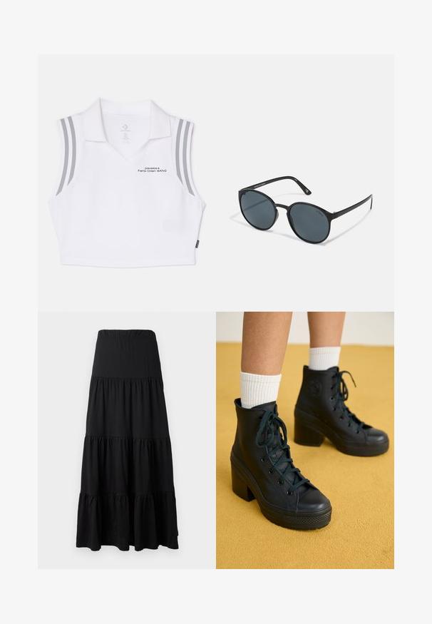 White sleeveless polo shirt with a V-neck, gray accent stripes on shoulders, and printed text "Feng Chen Wang" on the front.; Black maxi skirt made of soft fabric, featuring a tiered design with an elastic waistband and ruffled accents at the hem.; Black high-top sneakers with a textured finish, lace-up design, rubber toe cap, and chunky heels, paired with white ribbed crew socks.; Round black sunglasses with dark lenses, made of plastic. Slim temples with branding on the side, featuring a smooth texture and subtle accents.
