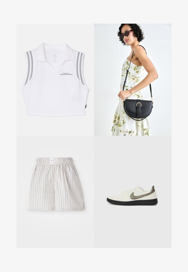 Polo sans manches blanc avec un col en V, rayures grises sur les épaules et texte imprimé "Feng Chen Wang" sur le devant.; Shorts rayés gris clair en tissu doux. Présentent une taille élastique avec une étiquette logo Nike au centre.; Nike Sportswear FIELD GENERAL - Baskets basses - off-white/black; Sac à main en cuir noir avec une forme courbée, bandoulière amovible et des accessoires en or. Le sac est doté d'un rabat avec un détail de boucle.
