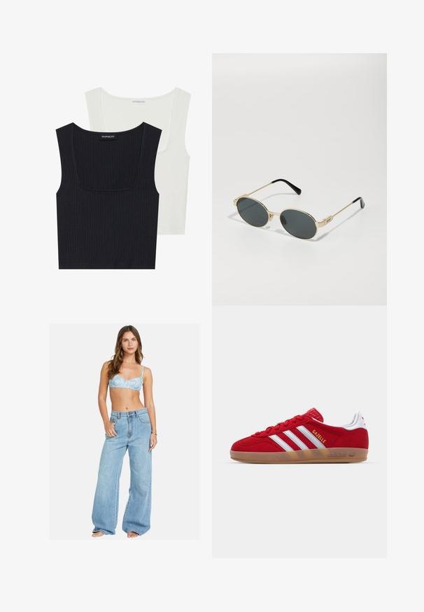 Dwa prążkowane topy na ramiączkach w kolorze czarnym i białym. Oba mają kwadratowy dekolt, cienkie ramiączka i miękką, teksturowaną tkaninę.; Biała koszula z długim rękawem, zapinana na guziki, wykonana z bawełny, z klasycznym kołnierzykiem, subtelnym logo na klatce piersiowej oraz żółtymi guzikami.; Jasnoniebieski biustonosz w kwiatowy wzór w połączeniu z szerokimi jasnoniebieskimi dżinsami. Wygodne dopasowanie z luźnym krojem i klasycznym zapięciem na guziki.; Czerwone zamszowe sneakersy z białym wzorem trzech pasków i złotym napisem "Gazelle". Posiadają gumową podeszwę i teksturowaną piętę.; Złote metalowe okulary przeciwsłoneczne z owalnymi soczewkami i ciemnym przyciemnieniem. Czarny akrylowy akcent na końcach obręczy. Nazwa marki "QUAY" z boku.