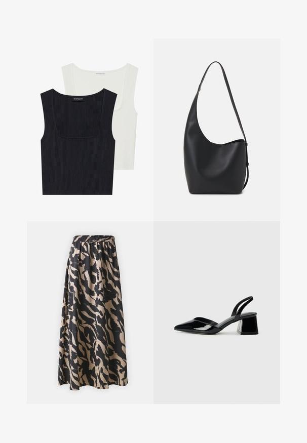 Kaksi raidoitettua toppia mustana ja valkoisena. Molemmissa on neliskulmainen pääntie, ohuet hihnat ja pehmeä, teksturoitu kangas.; Mustapohjainen ja beige pitkä hame, jossa on joustava vyötärö. Hameessa on abstrakti eläinkuosimainen kuvio ja se laskeutuu kauniisti.; Mustat patentoitu nahkakengät, joissa on säären takaosa ja terävä kärki, sekä geometrinen palikkakorko. Sisältää tyylikkään, minimalistisen muotoilun ja sileän pinnan.; Musta nahkainen hobo-laukku, jossa on sileä pinta, kaareva muoto ja yksi säädettävä olkahihna; sisäänkäynti on leveä ylhäältä.