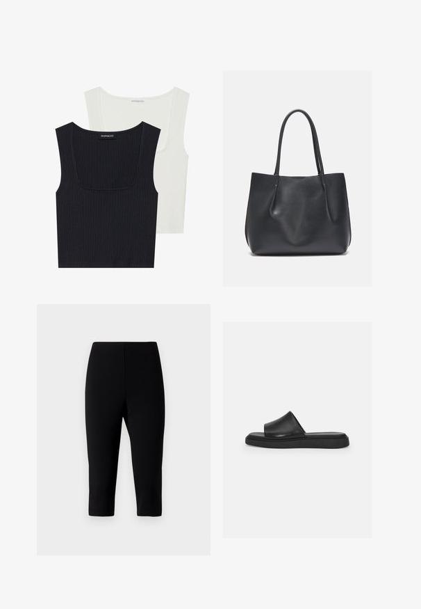 Two ribbed tank tops in black and white. Both feature a square neckline, thin straps, and a soft, textured fabric.; Black capri pants made of stretchy fabric, featuring a fitted design that ends just below the knee with a smooth texture and no visible seams.; Black slide sandal with a smooth leather upper, a wide band, and a flat rubber sole, featuring a minimalist design and no visible hardware.; Black leather tote bag with two long handles, a smooth texture, and soft silhouette. No visible hardware or patterns.