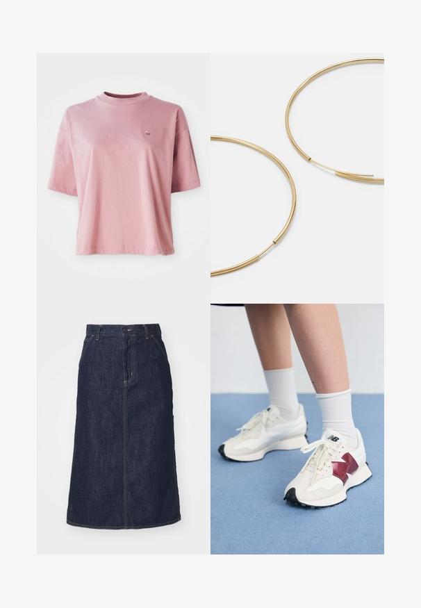 Lichtroze T-shirt met korte mouwen en ronde hals, met een klein logo op de bovenste linkerborst, weergegeven op een witte achtergrond.; Donkere spijkerrok met een hoge taille, recht gesneden, voorzakken en gestikte naden. Voorzien van een rits en knoopsluiting op de taille.; Een paar witte sneakers met bordeauxrode accenten, getextureerde panelen, een platte zwarte buitenzool en lichte veters, gedragen met witte enkelsokken.; Gouden oorringen, dun en rond van vorm, met een gladde metallic afwerking en zonder versieringen of patronen.