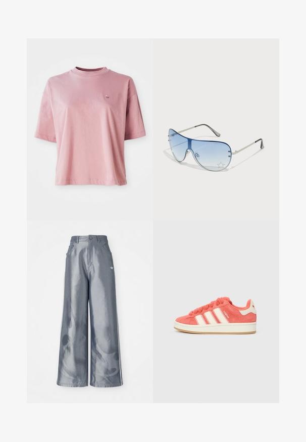 Vaaleanpunainen lyhythihainen t-paita, jossa on pyöreä kaula-aukko ja pieni logo vasemmassa ylärinnassa, esillä valkoista taustaa vasten.; Housut leveillä lahkeilla kiiltävässä harmaassa materiaalissa, valkoisilla sivuviivoilla ja liekkikuvioilla alaosassa. Napin ja vetskarin suljenta vyötäröllä.; Vaaleanpunaiset mokkasiinikenkiä, joissa on kermaisia raitoja, pyöreät nauhat ja teksturoitu kieli. Varusteena kuminen pohja ja logo kantapäässä.; Aviator-mallin aurinkolasit, jotka ovat varustettu gradienttisilla sinisillä linsseillä, hopeisella metallikehyksellä ja koristeellisilla tähtikoristeilla linsseissä. Joustava ja viehättävä muotoilu.