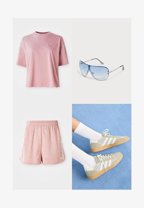 Vaaleanpunainen lyhythihainen t-paita, jossa on pyöreä kaula-aukko ja pieni logo vasemmassa ylärinnassa, esillä valkoista taustaa vasten.; Vaaleanpunaiset urheilushortsit, joissa on joustava vyötärö, sivuilla valkoiset viivadetaalit ja pieni logo vasemmassa alakulmassa. Sileä kangas.; Vaaleat harmaat mokkanahkaiset lenkkarit, joissa on valkoisia kumikoristeita, kolmonen valkoista raitaa ja kumipohja. Lenkkarit on yhdistetty valkoisiin sukkiin sinisellä taustalla.; Aviator-mallin aurinkolasit, jotka ovat varustettu gradienttisilla sinisillä linsseillä, hopeisella metallikehyksellä ja koristeellisilla tähtikoristeilla linsseissä. Joustava ja viehättävä muotoilu.
