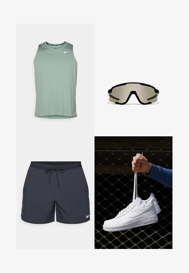 Nike Performance MILER TANK - Top - clay green/reflective silver-coloured; Shorts de alergare Nike, gri închis, talie elastică cu şnur, buzunare laterale, material ușor, având un logo alb Nike pe tivul inferior.; Adidași albaștri din piele cu perforații, vârf rotund, talpă plată și șireturi groase, cu un logo swoosh vizibil și cu inscripția "AIR" pe toc.; Ochelari de soare sport negri cu lentile mari de tip wraparound, cu tentă verde, design unghiular și accente laterale transparente. Branding vizibil în partea de sus.