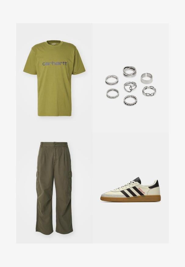 Tricou din bumbac de culoare verde măslinie, cu guler rotund și mâneci scurte, având un logo albastru "carhartt." pe piept.; Pantaloni cargo de culoare verde oliv, din bumbac, cu un design cu picioare largi, plii și buzunare laterale pentru utilitate.; Sneaker Adidas Spezial alb-negru cu talpă din cauciuc, dungi negre, cusături roșii și brandul "Spezial" pe lateral.; Set de șapte inele din argint cu diverse modele, inclusiv modele răsucite, legate și gravate. Forme și lățimi diferite.