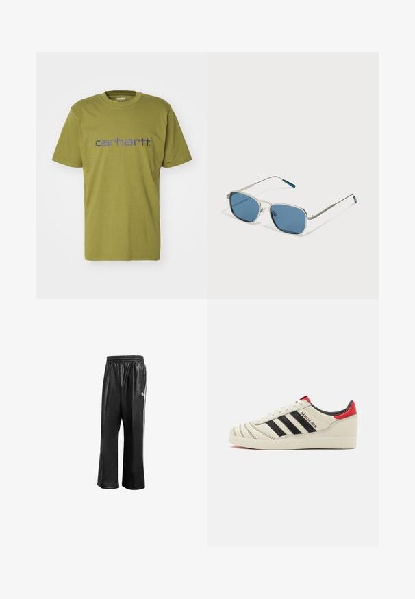 T-shirt in cotone verde oliva con colletto rotondo e maniche corte, con un logo blu "carhartt." sul petto.; Pantaloni da corsa neri in materiale sintetico con vita elasticizzata, caratterizzati da strisce laterali bianche e un piccolo logo bianco sull'anca sinistra.; Sneakers in pelle crema con strisce nere, dettagli rossi sul tallone e texture particolari. Presentano una suola in gomma e chiusura con lacci.; Occhiali da sole con montatura metallica argento, lenti blu rettangolari e stanghette sottili. Presentano accenti blu sulle punte delle stanghette.