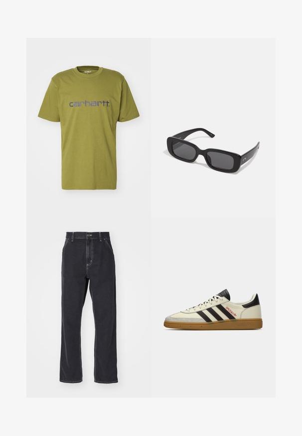 Olive green cotton t-shirt featuring a rounded neckline and short sleeves, with a blue "carhartt." logo across the chest.; Black denim jeans with a straight-leg cut, featuring a zipper fly, five pockets, and contrast stitching along the seams.; Cream and black Adidas Spezial sneaker with gum sole, black stripes, red stitching, and "Spezial" branding on side.; Black rectangular sunglasses with dark lenses, smooth plastic frames, and wide arms. Subtle branding on the side.