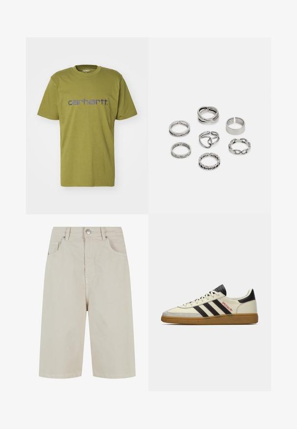 Olijfgroene katoenen t-shirt met een ronde halslijn en korte mouwen, voorzien van een blauwe "carhartt." logo op de borst.; Beige denim shorts met een rechte snit, een sluiting met een knop aan de voorkant en vier zakken. De stof heeft een gladde textuur en minimale stikseldetails.; Crème en zwarte Adidas Spezial sneaker met gum zool, zwarte strepen, rode stiksels en 'Spezial' branding aan de zijkant.; Set van zeven zilveren ringen met verschillende ontwerpen, waaronder gedraaide, verbonden en gegraveerde patronen. Verschillende vormen en breedtes.