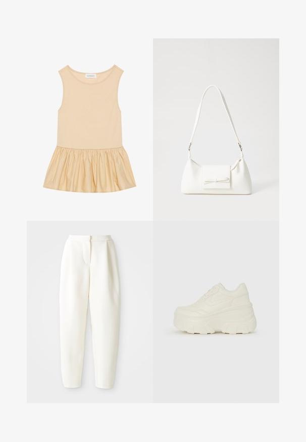 Bezgala tops ar pieguļošu ribu augšdaļu gaisīgi bežā krāsā un plandošu, spīdīgu, sakrātu svārku atbilstošā tonī.; Augstas jostas līnijas, sašaurināti balti bikses ar slēptu priekšējo aizdari un sānu kabatām, attēloti uz vienkrāsaina balta fona.; Baltie platformas sporta apavi, kas izgatavoti no gludas mākslīgās ādas, ar noapaļotu formu, mīkstu apkakli un teksturētu gumijas zoli ar izteiktiem rakstiem.; Balta sintētiska soma ar trīsstūrveida formu, plakanu priekšējo vāciņu un loku detaļu, regulējamu siksnu, gludu tekstūru un minimālistisku dizainu.