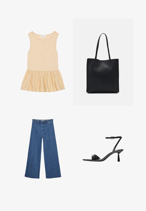 Top brez rokavov z prilegajočim zgornjim delom iz rebraste tkanine v svetli bež barvi ter razširjeno, sijočo, nabrano krilo v usklajeni odtenku.; Jeans širokih nogavic v srednji modri barvi, z visokim pasom, gumbom in kontrastnimi navpičnimi šivi spredaj.; Bershka Sandali z visoko peto - black; Črna usnjena torba s svilnato teksturo, pravokotne oblike in dvema dolgima ročajema. Brez vidnih metalnih delov ali okrasnih elementov.