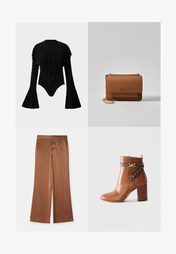 Čierny bodysuit s dlhým rukávom a hlbokým V-výstrihom, s vrstveným systémom volánov cez hruď a zvonovými rukávmi. Hladká, elastická tkanina.; Hnedé široké nohavice z saténu, ktoré majú bočné vrecká, hladkú textúru a prispôsobený pás pre štruktúrovaný strih.; Hnedá kožená členková obuv so zúženým blokovým podpätkom, postranným popruhom so zlatými nitmi a zlatou sponou s logom "MK".; Hnedá textúrovaná kožená taška cez telo s zlatým reťazovým popruhom a preklopným uzáverom. Predná strana obsahuje detail s logom a vrecko pod preklopkou.