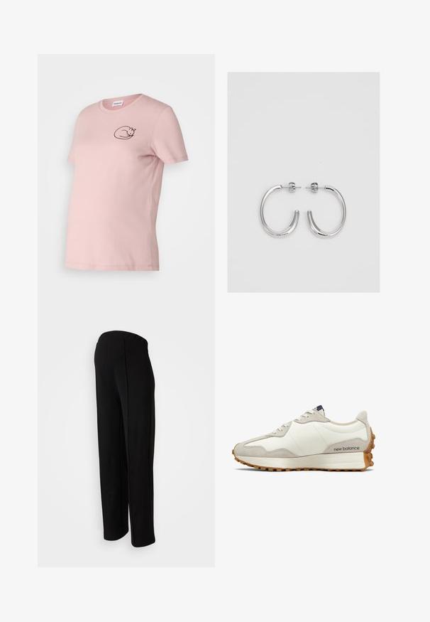 Rozā īsām piedurknēm T-krekls, izgatavots no mīksta auduma, ar melnu izšuvumu kaķa dizainu uz krūtīm. Klasiska apaļa kakla izgriezums un brīvs piegriezums.; Melni augstās jostas bikses ar taisnu piegriezumu, kurām ir gluda tekstūra un nav redzamu aizdaru, izceļoties ar sānu šuvju detaļām.; Baltas un beige sporta apavi ar gludu ādas virsu, zamšādas akcentiem, noapaļotu purngalu un raupju gumijas zoli. Zīmola nosaukums drukāts uz sāniem.; Sudraba riņķveida auskari ar gludu, spīdīgu apdari. Apaļas formas, viegla dizaina, ar aizdari uz stieples.