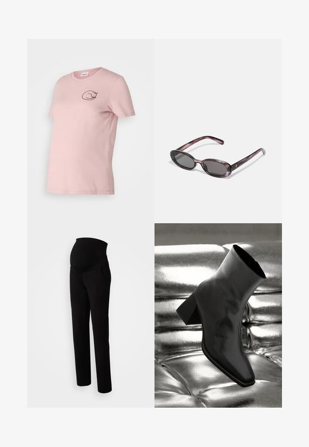 Rožinė trumpomis rankovėmis marškinėliai, pagaminti iš minkštos medžiagos, su juodu siuvinėtu katės dizainu ant krūtinės. Klasikinis apvalus kaklas ir laisvas siluetas.; Juosmens kelnės nėščioms moterims juodos spalvos, su tampriomis juosmens juostomis patogumui, šoninėmis kišenėmis, tiesių kojų dizainu ir švelnaus audinio tekstūra.; Juodos kulkšnies botai, pagaminti iš blizgaus medžiagos, su kvadratine padu ir siauru kulnu, prieš blizgiai sidabrinį pūsto audinio foną.; Ovaliniai saulės akiniai su margu violetiniu rėmeliu, tamsiais objektyvais ir liesomis rankenomis, kurių gale yra mažas auksinis logotipo akcentas.