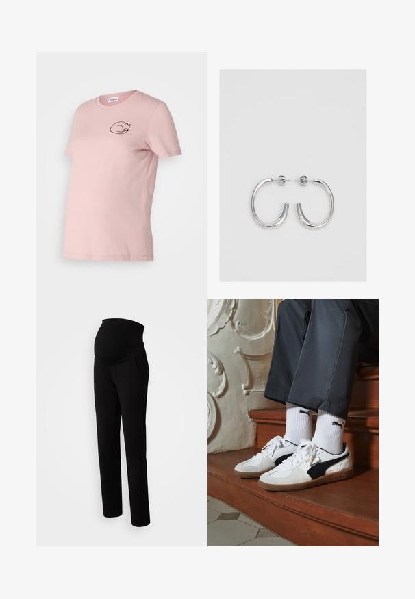 Rozā īsām piedurknēm T-krekls, izgatavots no mīksta auduma, ar melnu izšuvumu kaķa dizainu uz krūtīm. Klasiska apaļa kakla izgriezums un brīvs piegriezums.; Melno maternitātes bikses ar elastīgu jostasvietu komfortam, sānu kabatām, taisna kāju piegriezumu un mīkstu auduma tekstūru.; Puma kedas baltā un melnā zamšā, ar brūnu gumijas zoli. Pāris ar baltām zeķēm, kurās redzams melns logo, nēsātas ar tumšām biksēm.; Sudraba riņķveida auskari ar gludu, spīdīgu apdari. Apaļas formas, viegla dizaina, ar aizdari uz stieples.