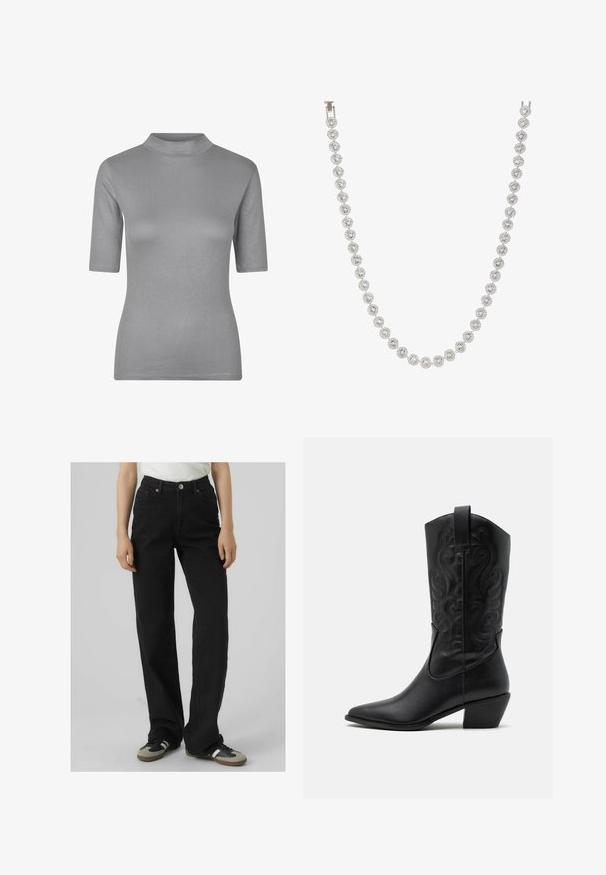 T-shirt grigia a coste con collo alto e maniche corte, caratterizzata da un design aderente e un tessuto morbido e testurizzato.; Blusa nera in satin con colletto alto, dettagli plissettati sul collo e maniche lunghe con polsini aderenti. Texture liscia, design minimalista.; Jeans neri a vita alta con una vestibilità dritta, realizzati in denim, dotati di due tasche anteriori e dettagli in ottone.; Stivale da cowboy in pelle nera con punta affusolata, motivi ondulati in rilievo e tacco di altezza media. Dotato di un pratico passante per indossarlo facilmente.; Collana d'argento con gemme rotonde e trasparenti incastonate in un design circolare, alternate a dettagli metalliche decorative, texture liscia.