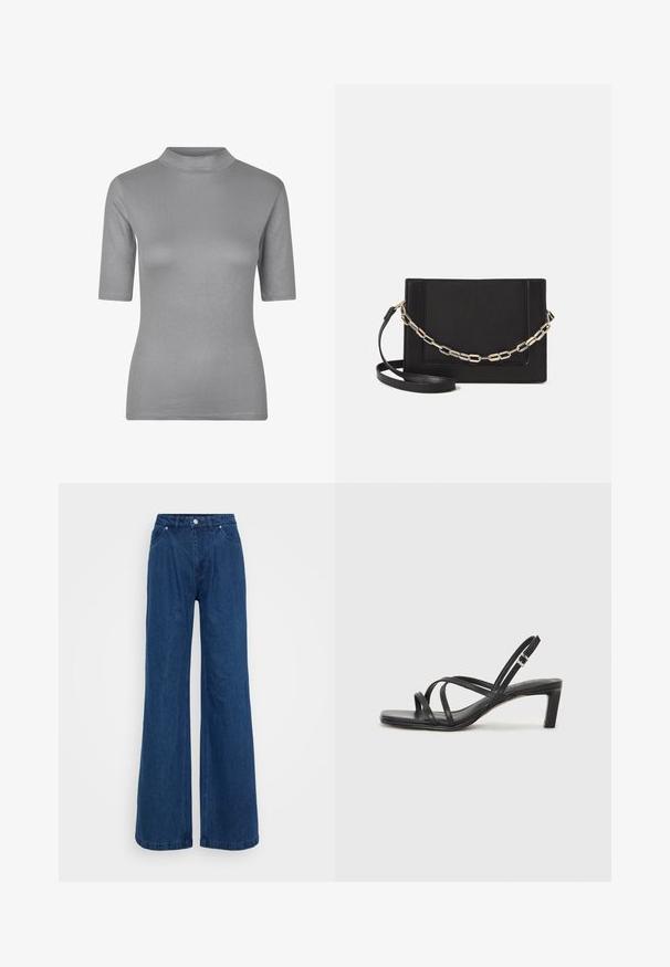 Gray ribbed t-shirt with a high neckline and short sleeves, featuring a fitted design and soft, textured fabric.; Wide-leg blue denim jeans with a high waist, front button and zipper closure, and front and back pockets against a plain background.; Black strappy sandal with a square toe and a low block heel. Features multiple thin straps and an adjustable ankle strap. Made of smooth leather.; Black leather crossbody bag featuring a smooth texture, rectangular shape, and a metallic chain detail on the front. Adjustable strap included.