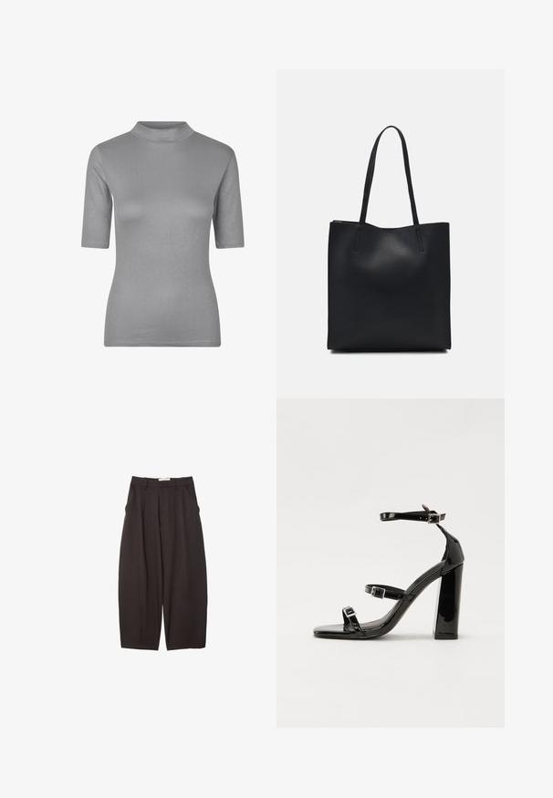 Grijze geribbelde t-shirt met een hoge halslijn en korte mouwen, voorzien van een getailleerd ontwerp en zachte, gestructureerde stof.; Zwarte wijde broek gemaakt van een gladde stof, met een hoge taille, voorplooien en zijzakken. Eenvoudig ontwerp zonder versieringen.; Zwarte gepatenteerde sandalen met hak en een vierkante neus, enkelbandjes en zilveren gespen. Heeft een stevige blokhak voor stabiliteit.; Zwarte leren handtas met een gladde textuur, rechthoekige vorm en twee lange handvaten. Geen zichtbare hardware of versieringen.