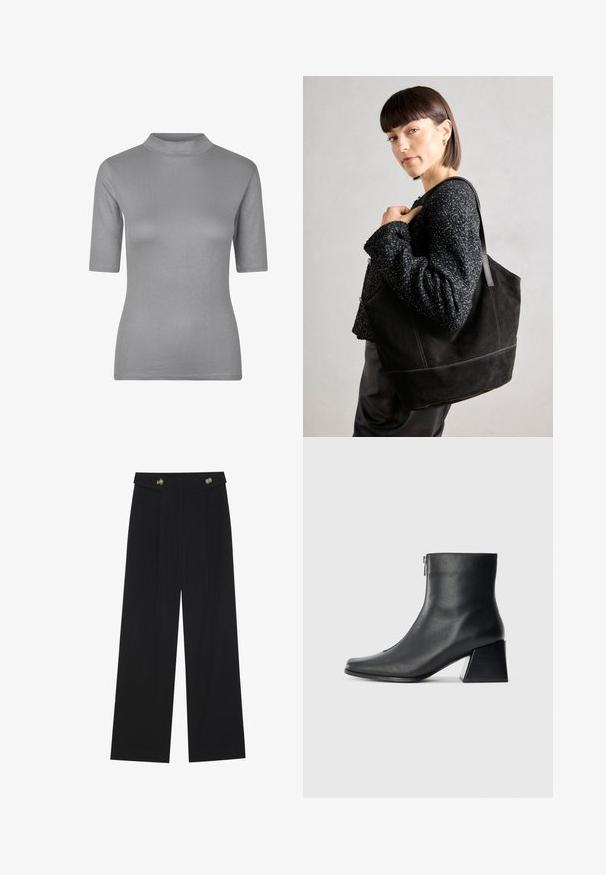 T-shirt grigia a coste con collo alto e maniche corte, caratterizzata da un design aderente e un tessuto morbido e testurizzato.; Pantaloni neri a gamba larga con vita alta, dettagli con bottoni in vita e pieghe frontali.; Stivaletto in pelle nera con punta quadrata, cerniera laterale e tacco squadrato su sfondo chiaro uniforme.; Borsa tote nera in suede con una texture liscia, forma strutturata e cuciture a contrasto. Presenta lunghe tracolle per il trasporto a spalla.