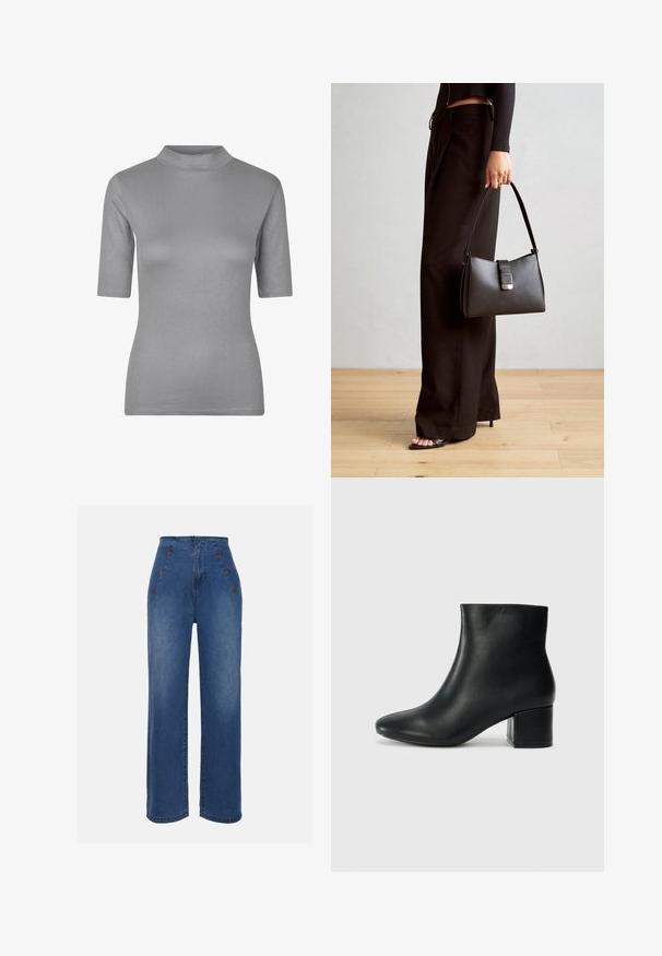 Graues, geripptes T-Shirt mit hohem Ausschnitt und kurzen Ärmeln, das ein figurbetontes Design und einen weichen, strukturierten Stoff aufweist.; Hochgeschnittene Jeans aus Denim in mittlerem Blau. Besitzt auffällige Knopfdetails vorne und einen weit geschnittenen Stil. Der Stoff hat eine glatte Textur mit leichten Ausbleichungen.; Schwarze Leder-Ankle-Boots mit spitzem Zehenbereich und klobigem Absatz. Glatte Textur mit minimalen Akzenten und einem eleganten, taillierten Design.; Schwarze Handtasche mit strukturierter Form, glatter Textur und einem metallischen Verschluss. Kombiniert mit weiten schwarzen Hosen und offenen Sandalen auf einem Holzboden.