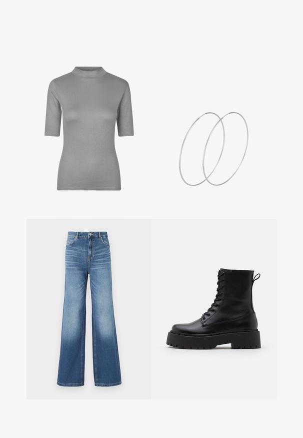 Grå ribbet T-shirt med høj hals og korte ærmer, med en tætsiddende pasform og blødt, tekstureret stof.; Lysblå denim bredbenede jeans med høj talje, der har fem lommer, bæltesløjfer og en subtil falmeffekt mod kanten.; Sorte læder ankelstøvler med rund tå, snørebånd foran og en tyk gummisål med struktureret slidbane. Hæfteløkke bagpå.; Sølvøreringe med et minimalistisk design. Cirkulær form, glat tekstur og tynd profil. Letvægtige med en poleret overflade.