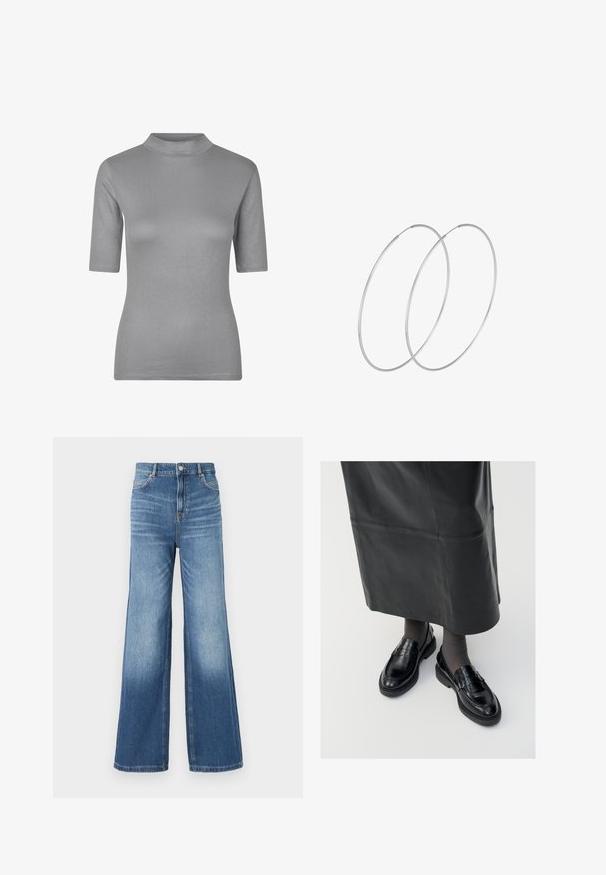 Szara prążkowana koszulka z wysokim dekoltem i krótkimi rękawami, o dopasowanym kroju i miękkim, teksturowanym materiale.; Jasnoniebieskie dżinsowe spodnie szerokie u dołu z wysokim stanem, z pięcioma kieszeniami, szlufkami na pasek oraz subtelnym efektem wyblaknięcia w kierunku dołu.; Czarne skórzane mokasyny o gładkim wykończeniu, z ozdobnym paskiem, okrągłym noskiem i teksturowaną podeszwą. Noszone z długą czarną skórzaną spódnicą.; Srebrne kolczyki w formie obręczy o minimalistycznym designie. Okrągły kształt, gładka faktura i cienki profil. Lekkie, z polerowanym wykończeniem.