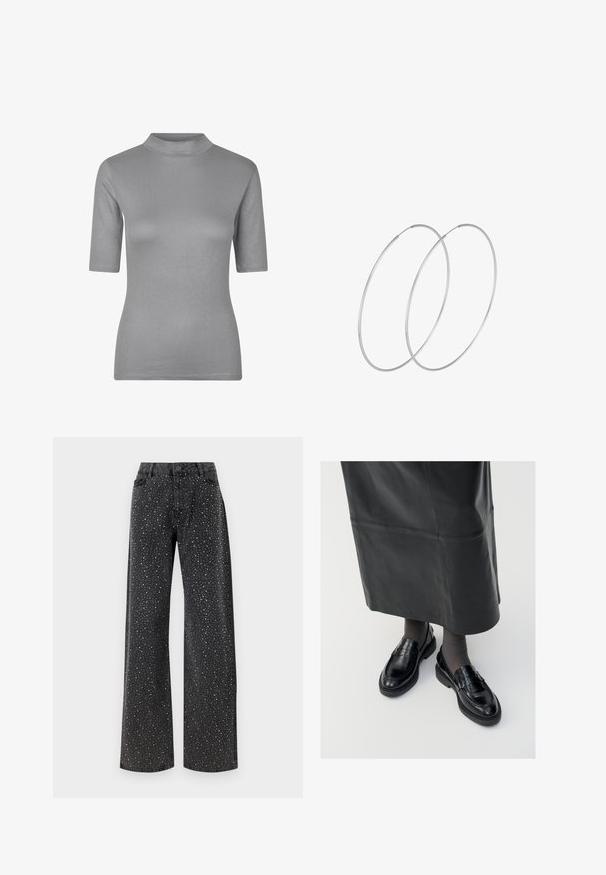 Gray ribbed t-shirt with a high neckline and short sleeves, featuring a fitted design and soft, textured fabric.; Noisy May NMJANNEL LOOSE - Relaxed fit jeans - black denim; Black leather loafers with a smooth finish, featuring a decorative strap, round toe, and textured sole. Worn with a long black leather skirt.; Silver hoop earrings with a minimalist design. Circular shape, smooth texture, and thin profile. Lightweight with a polished finish.