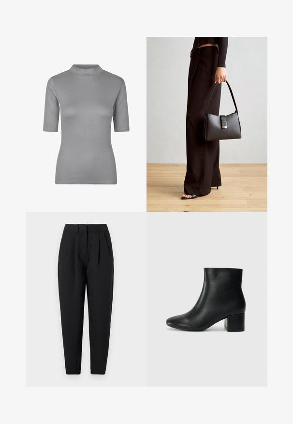 Graues, geripptes T-Shirt mit hohem Ausschnitt und kurzen Ärmeln, das ein figurbetontes Design und einen weichen, strukturierten Stoff aufweist.; Schwarze Hose mit geradem Schnitt, die auf der Vorderseite Falten hat, eine glatte Textur und seitliche Taschen bietet. Der Bund hat eine Standardhöhe.; Schwarze Leder-Ankle-Boots mit spitzem Zehenbereich und klobigem Absatz. Glatte Textur mit minimalen Akzenten und einem eleganten, taillierten Design.; Schwarze Handtasche mit strukturierter Form, glatter Textur und einem metallischen Verschluss. Kombiniert mit weiten schwarzen Hosen und offenen Sandalen auf einem Holzboden.