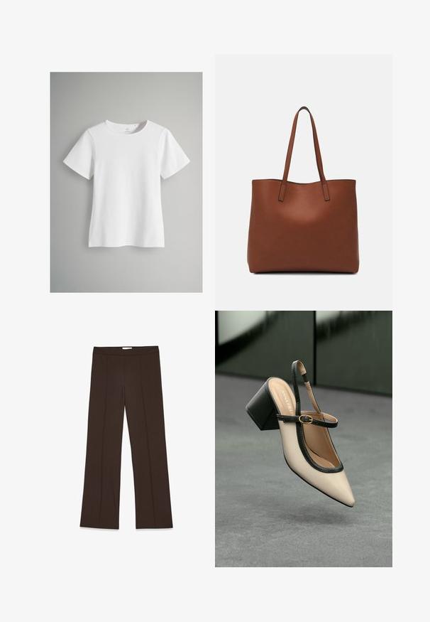 Balts īsām piedurknēm T-krekls, izgatavots no mīkstas kokvilnas. Tam ir apaļa dekoltē, taisna piegriezuma forma, minimālas šuvju detaļas un nav rakstu.; Brūni, platai kājas bikses, izgatavotas no gludas auduma; ar priekšām krokām un standarta jostu. Minimalistisks dizains bez redzamām aizdarinājumiem.; Beige smailā purngalā siksnu kurpe ar melnu akcentu, zelta sprādzi un masīvu bloku papēdi uz pelēka grīdas ar tumši zaļu fonu.; Brūna ādas iepirkumu soma ar gludu tekstūru, atvērta augšdaļa un divas plecu siksnas. Izceļas ar minimālām šuvēm un redzamu aparatūru nav.