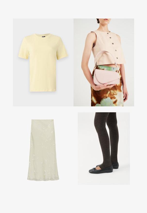 Gul kortærmet T-shirt lavet af blødt bomuld med rund crew-halsudskæring, der har en glat tekstur og ingen synlige mønstre eller accenter.; Lys grøn midi-nederdel lavet af gennemsigtigt stof, med delikat hvid broderi af blomster og en svajende A-formet silhuet.; Sorte flade sko med en lille sløjfedetalje ved tåen, parret med mørkebrune ribbede strømpebukser. Skoene har en glat overflade og lav profil.; Lyserød læderhandtaske med en buet klap, enkel skulderrem og rene linjer. Tasken har en glat overflade og et minimalistisk design.; Guldtonede metalknopper med en hamret overflade, der har et åbent design og glatte kanter. To størrelser vist: en bredere og en slankere.