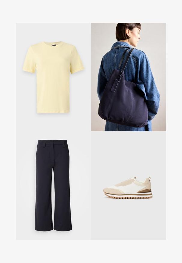 Rumena kratka majica s kratkimi rokavi, narejena iz mehkega bombaža, s krožnim ovratnikom, ki ima gladko teksturo in brez vidnih vzorcev ali dodatkov.; Široke hlače iz temno modrega blaga. Imajo raven sprednji del, obrobo za pas in stranske žepke. Material je gladek z rahlo elastičnostjo.; Bež in bela nizka tenisica z teksturirano podplatom in zankico na peti, prikazana na enobarvni svetli podlagi, stranski pogled.; Modra platnena torba za ramo s meko, strukturirano obliko, opremljena s črnim trakom, šivanjem in majhno oznako blagovne znamke.