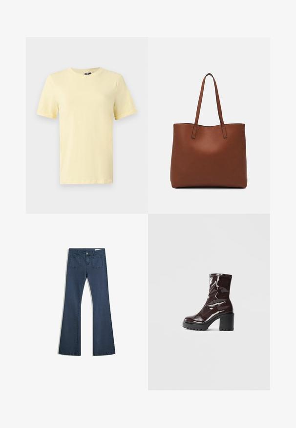 Yellow short-sleeve T-shirt made of soft cotton with a round crew neckline, featuring a smooth texture and no visible patterns or accents.; Dark blue flared denim jeans with stitched pockets, a button closure, and a smooth texture. Features a classic five-pocket design.; Glossy burgundy ankle boot with a chunky black heel, featuring a smooth texture and simple design. No visible fastenings or patterns.; Brown leather tote bag with a smooth texture, open top design, and two shoulder straps. Features minimal stitching and no visible hardware.