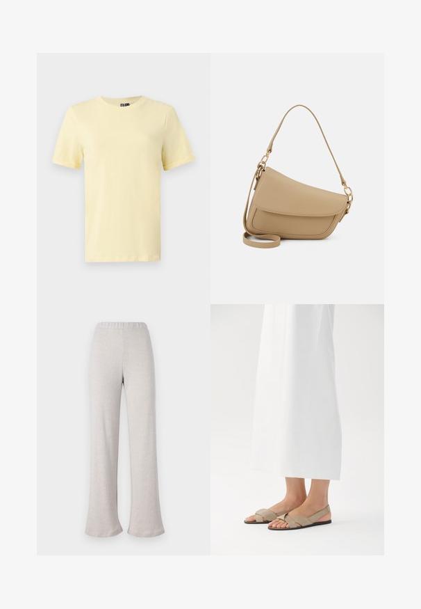 Geltona trumpomis rankovėmis T-shirt, pagaminta iš minkštos medvilnės, su apvaliu kaklo iškirpimu, pasižyminti lygia tekstūra ir be matomų raštų ar akcentų.; Šviesiai beige spalvos platėjančios kelnės, pagamintos iš tekstūruoto audinio, su elastinga juosmens juosta ir plačiomis kojomis, tinkamos kasdieniam nešiojimui.; Bežiniai odiniai sandalai su kryžminiu dirželiu ir juodu padu, atidarytiems pirštams ir su atviru kulnu. Fone balta spalva.; Even&Odd Rankinė - beige